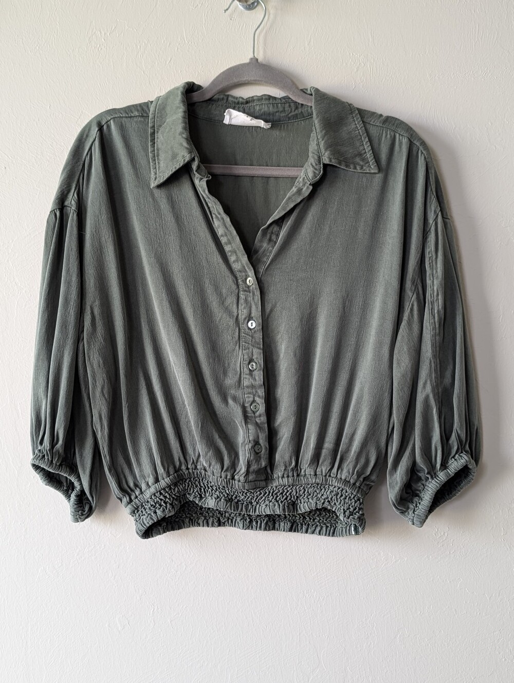 Dear John Olive Green Collared Smocked Elastic Hem Cropped Top Size S